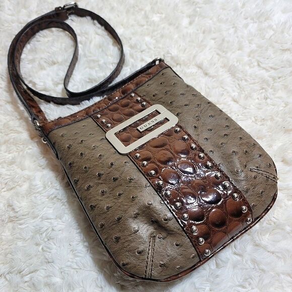 Guess Tate Mini Textured Faux Leather Brown/Taupe Crossbody - Picture 1 of 9